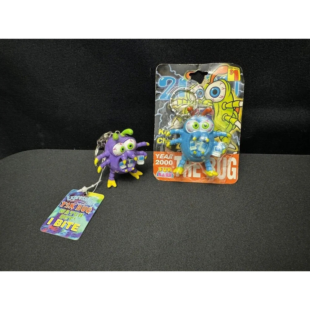 Vintage Y2K Bug Computer Virus Keychains NEW PVC Figures Blue + Purple